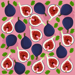 A pattern of figs and leaves on a pink background.