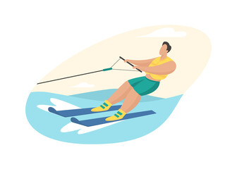 Water skiing attraction. Man in life jacket rushes over waves skis holding cable of boat. Extreme fun with fitness activities. Holidays in ocean tropics and sea. Vector flat illustration isolated