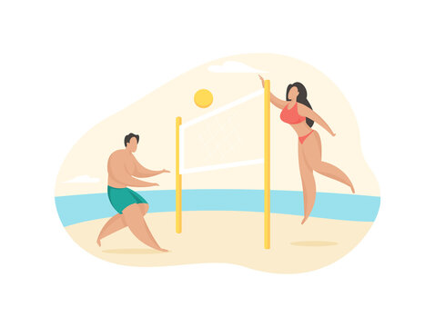 People play beach volleyball. Active rest on sandy seaside. Guy and girl throw ball over net. Fun summer faustball competition. Tourists on tropical beach. Vector flat illustration isolated