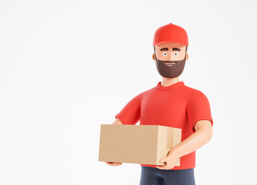 Side view at happy cartoon beard courier man in red t-shirt and cap holding cardboard box over white background with copy space.