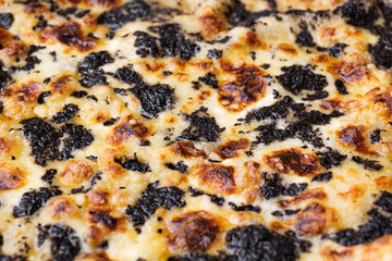 Close-up of pizza topped with with truffles and cheese. Macro shot of delicious products. Selective...