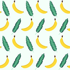 Bright tropical seamless pattern with bananas and green banana leaves on light green background