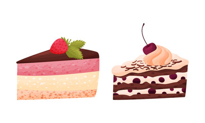 Cake Pieces with Creamy Layer as Yummy Dessert Vector Set