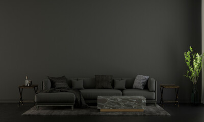 Modern home and decoration mock up furniture and interior design of cozy living room and black wall texture background, 3d rendering