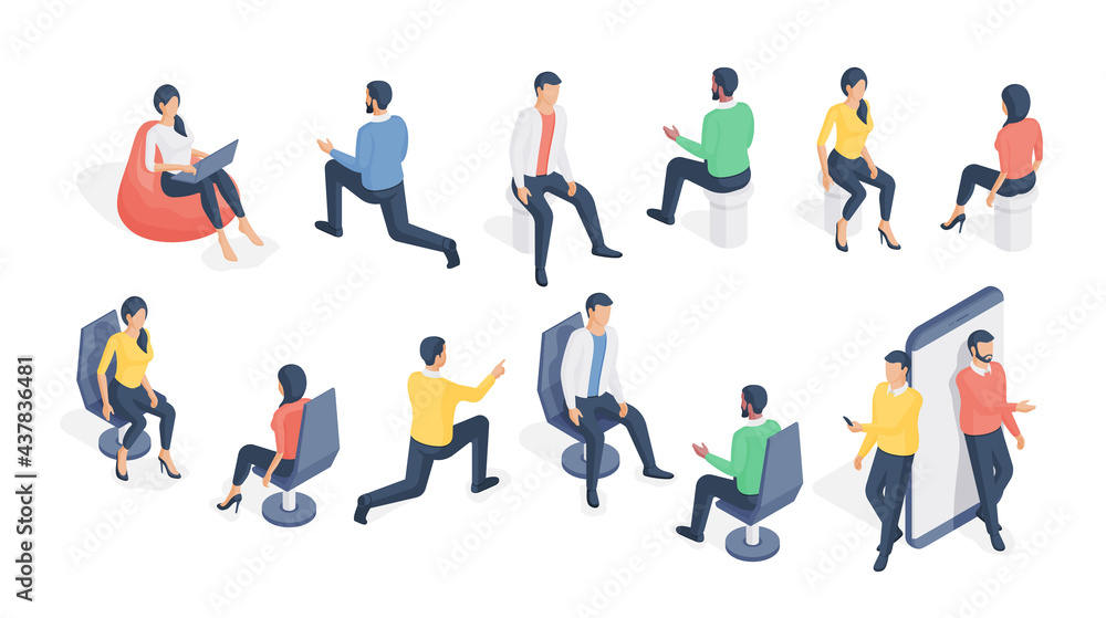 Poster set of vector isometric icons with modern men and women interacting and using gadgets while sitting 