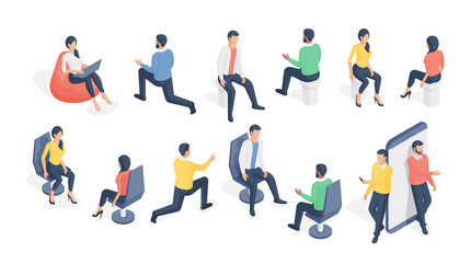 Fototapeta na wymiar Set of vector isometric icons with modern men and women interacting and using gadgets while sitting on different seats isolated on white background