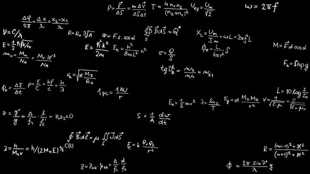 Blackboard with chalk written physical formula and equations. High quality 4k video.
