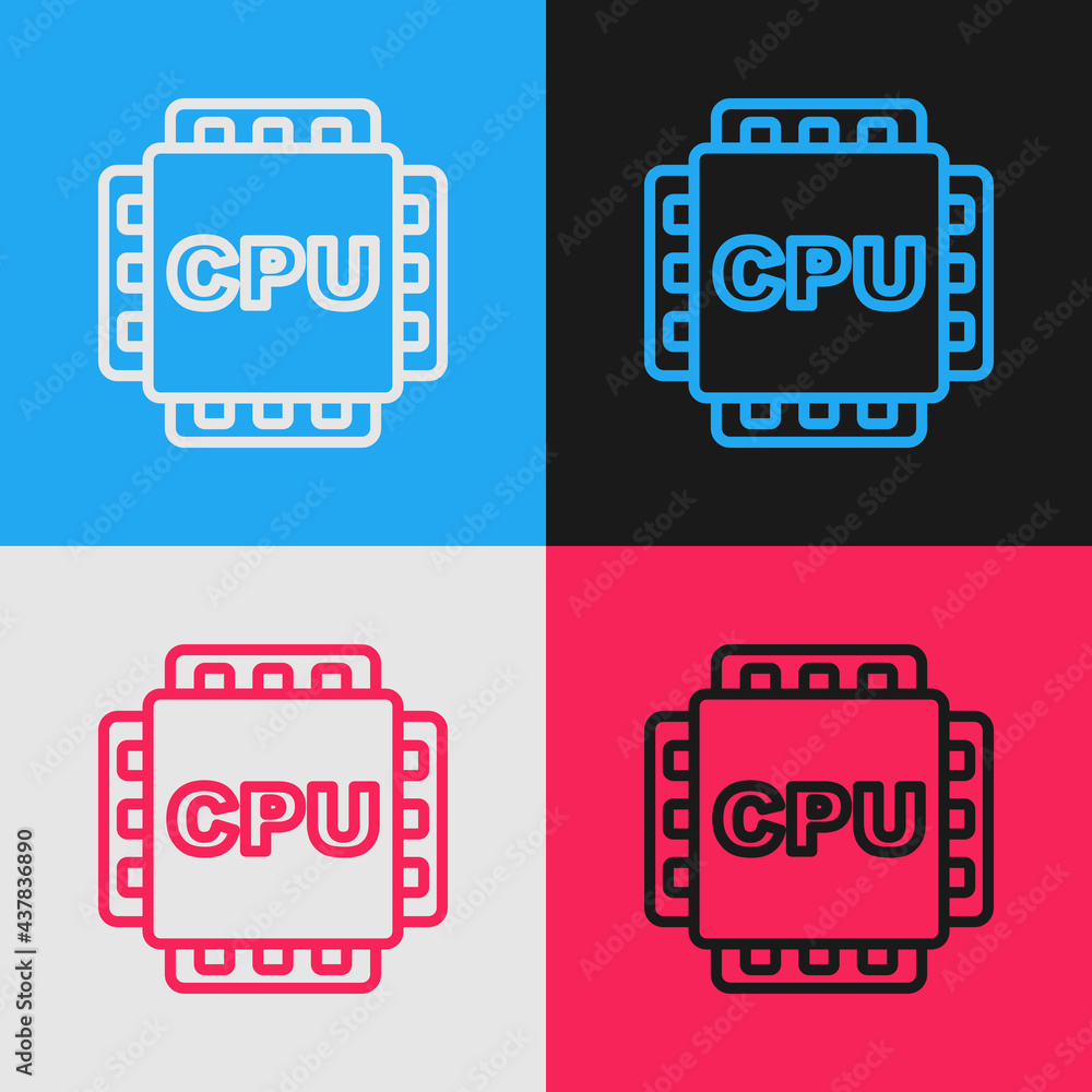Poster pop art line computer processor with microcircuits cpu icon isolated on color background. chip or cp