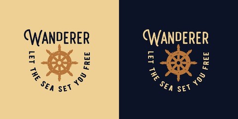 Helm of wanderer. Marine wheel for sailor t-shirt sea print. Nautical ocean design emblem with ship rudder - obrazy, fototapety, plakaty