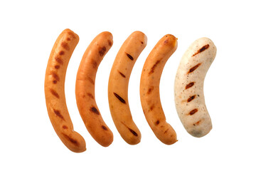 Set of delicious grilled sausages on white background