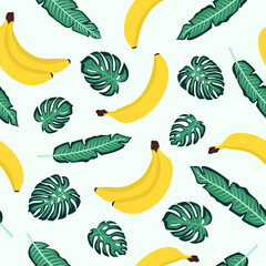 Vibrant Hawaiian tropical seamless pattern with bananas and green monstera leaves on light green background