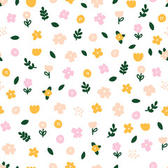 Floral background decorated with multicolored blooming flowers and leaves seamless vector pattern. Spring botanical flat vector illustration on white background Scandinavian minimalistic naive style.