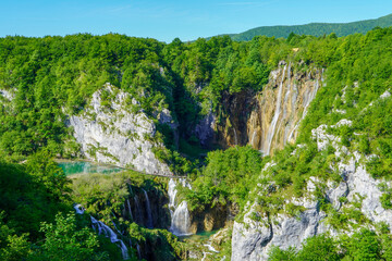 Fototapeta na wymiar View from afar Veliki Slap Waterfall in Plitvice Lakes National Park, Croatia 