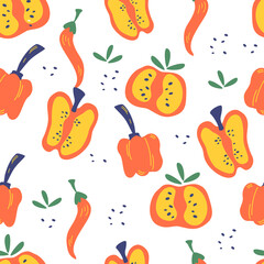 Seamless pattern with peppers. Red, pepper slices, chili and bell peppers background. Vegetarian healthy food. Vibrant print for menu or food design. Vector illustration in cartoon style