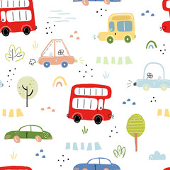 Seamless pattern with cartoon car. vector print. Perfect for kids fabric,textile,nursery wallpaper. Printable templates. - 437838655