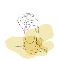 Line art fashion sketch with a girl in a dress with a bag and a hat. For fashion bloggers, brands,  stores. Fashion lifestyle. Fresh summer fashion. Abstract spots.