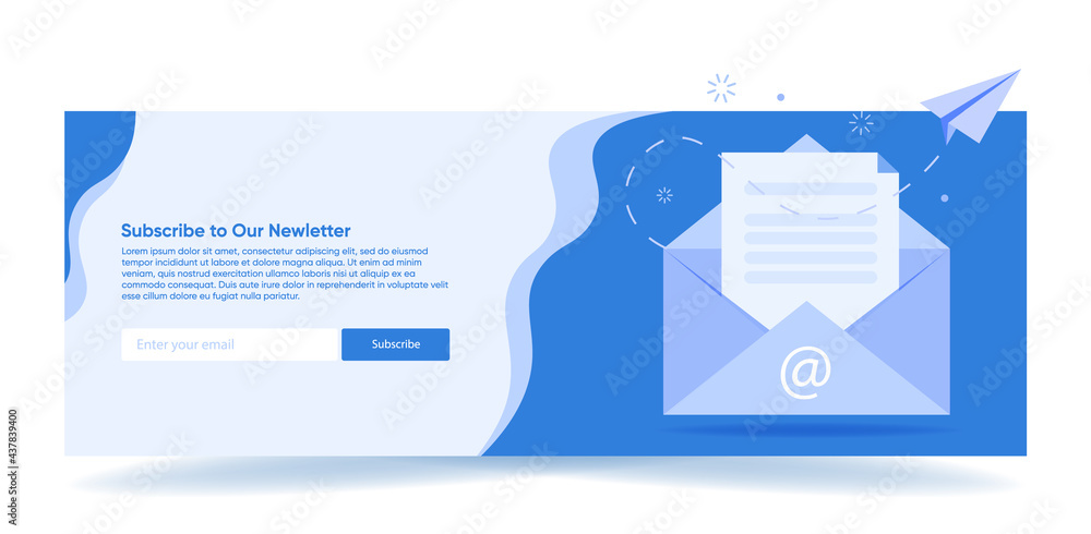 Aufkleber subscribe to the newsletter. an open email with a document. blue banner for websites. ux ui design.