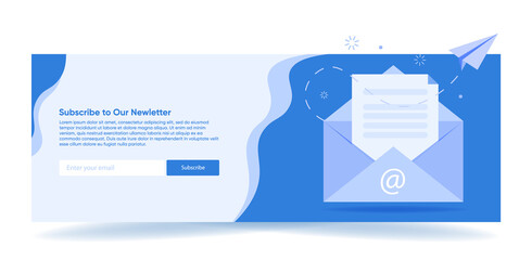 Subscribe to the newsletter. An open email with a document. Blue banner for websites. Ux UI design.