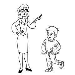 The teacher speaks with the schoolboy boy. Study at school. Back to school. Two isolated people. Cartoon character drawn with black line. Vector cartoon comic style