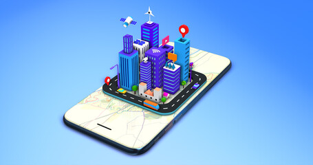 Smart Life On Smart Phone. Isometric Futuristic Concept. Smart City. Technology Related 3D Illustration Render.