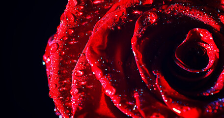 Macro shot of a flower petal with splashes and drops of water. Texture of leaf and petal on a background of blurry splashes.