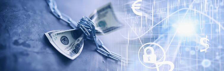 Business concept. The depreciation of the national currency. Hundred dollar bill. Inflation and stagnation. Tighten the hundred dollar bill with a measuring chain.