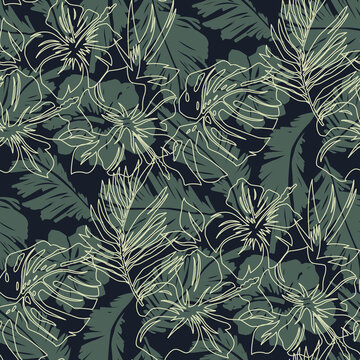 Hibiscus flowers and tropical leaves fabric  abstract  vector seamless pattern 