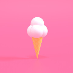 3D render of ice cream with waffle cone on pink background. Minimal summer background.