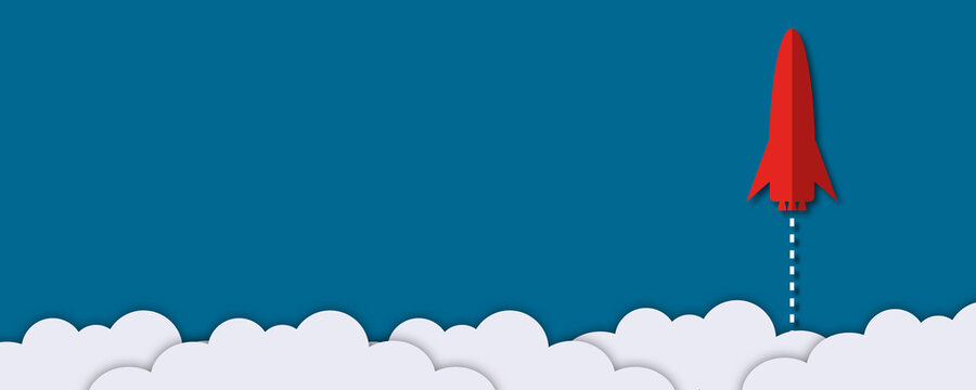 Red rocket with white clouds rising up as metaphor for business and financial growth, Success and financial developing, Business growth concept, paper cut style.