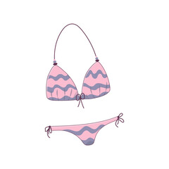 Women's split swimsuit, bikini panties and pink top isolated on white background. Vector illustration on the theme of summer holidays in cartoon style