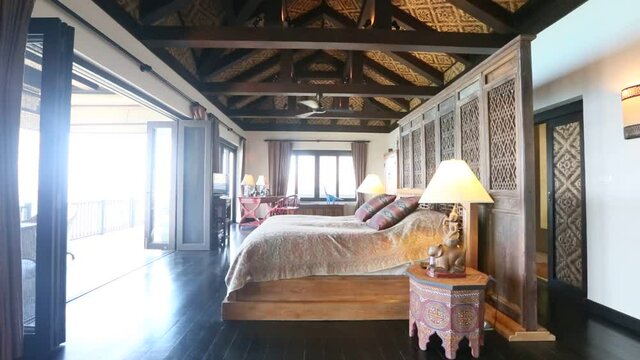 Luxury asian villa bed room interior. Rich room, big space