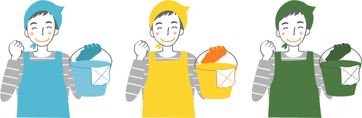 掃除道具を持つ男性。（バケツと雑巾）