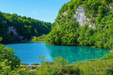 Beautiful lake view in clear turquoise water, green plants trees and mountains stones in the background, Plitvice Lakes National Park, Croatia, Europe
