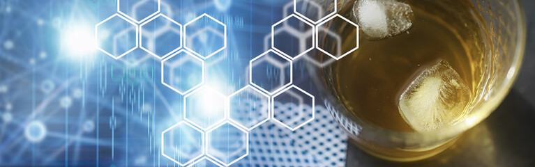 Gambling Card games for money. Texas Hold'em Poker. Cards in hand, playing chips, a deck of cards of alcohol in a glass.