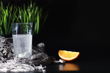Composition from Bottles of cough syrup.Healthcare, medicine, flu and treatment concept - paper wipes and thermometer with pills.