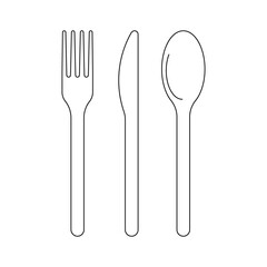 Cutlery fork, knife and spoon for food, icon outline. Cutlery for lanch, dish. Sign for menu cafe or restaurant. Vector symbol illustration