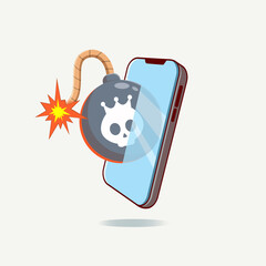 Vector illustration of bomb came out from smartphone. Concept illustration of virus on network. isolated on a white background