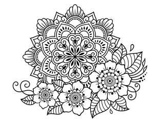 Circular pattern in form of mandala with flower for Henna, Mehndi, tattoo, decoration. Decorative ornament in ethnic oriental style. Outline doodle hand draw vector illustration.