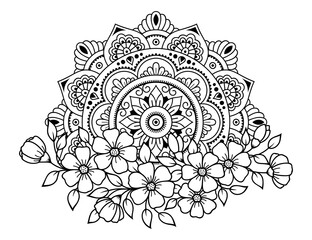 Circular pattern in form of mandala with flower for Henna, Mehndi, tattoo, decoration. Decorative ornament in ethnic oriental style. Outline doodle hand draw vector illustration.