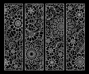 Printable bookmark for book - coloring. Set of black and white labels with flower patterns, hand draw in mehndi style. Sketch of ornaments for creativity of children and adults with colored pencils.