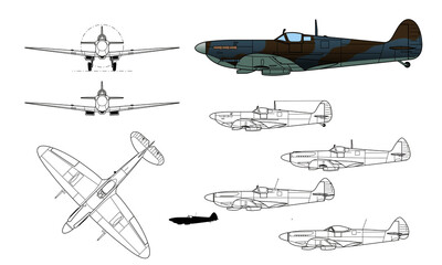 Supermarine, Spitfire, WWII fighter aircraft. Vector illustration in black and white line drawing. Color side profile. - obrazy, fototapety, plakaty