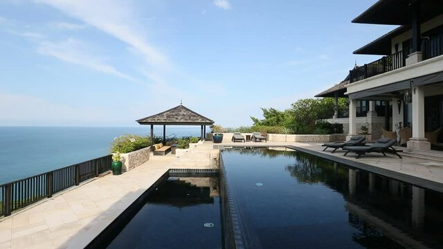 Luxury villa interior gazebo and terrace with swimming pool 