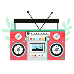 Cute and colourful old school tape recorder doodle. Vintage boombox icons. Hand drawn illustration. Decorated with botanical elements.