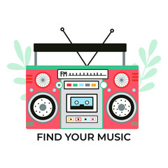 Cute and colourful old school tape recorder doodle. Vintage boombox icons. Hand drawn illustration. Decorated with botanical elements.