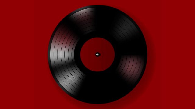 A black retro vinyl record on a red background. Rotating plate close-up. Loop.