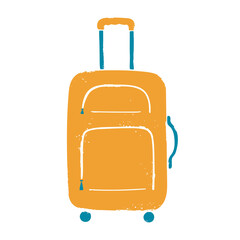 Cute textured suitcase on wheels. Yellow travel bag with blue handle. Vector shabby hand drawn illustration
