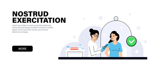 Landing page with Vaccination process. Young woman doctor in a clinic puts the vaccine to a young girl. Immunization concept isolated on white background