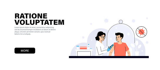 Landing page with Vaccination process. Young woman doctor in a clinic puts the vaccine to a young guy. Immunization concept isolated on white background