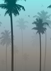 Fototapeta na wymiar Vector illustration seamless horizontally. Background with palms and flying parrots 