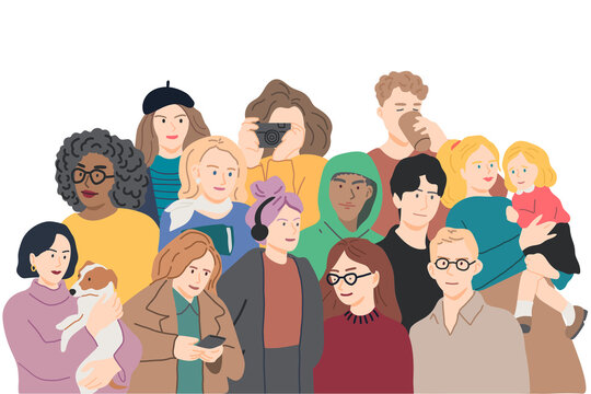 Diverse multiracial and multicultural group of people. Vector hand-drawn illustration in a modern style. A crowd of different men and women. Isolated on white background